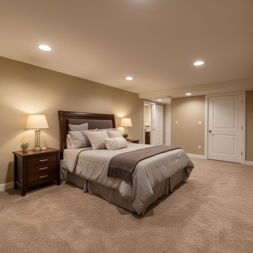 Basement guest bedroom with egress window in Northern Colorado by Blue Springs Construction