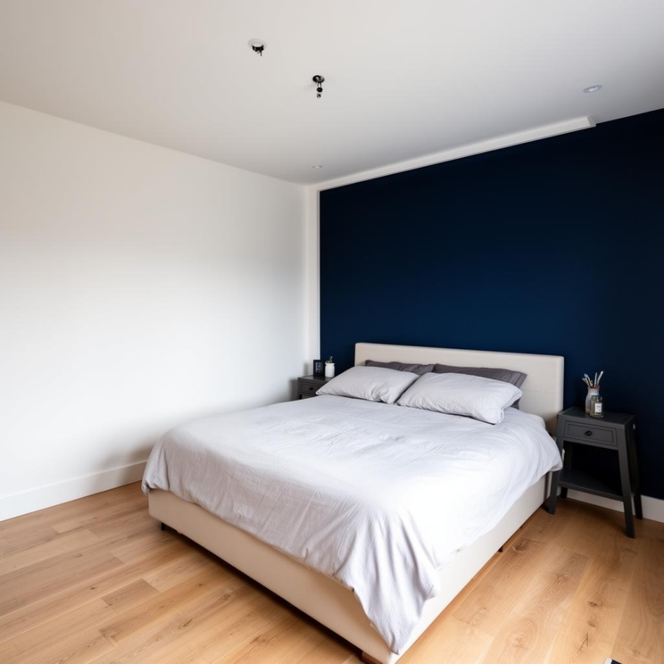 Bedroom with navy accent wall after interior painting in Northern Colorado by Blue Springs Construction