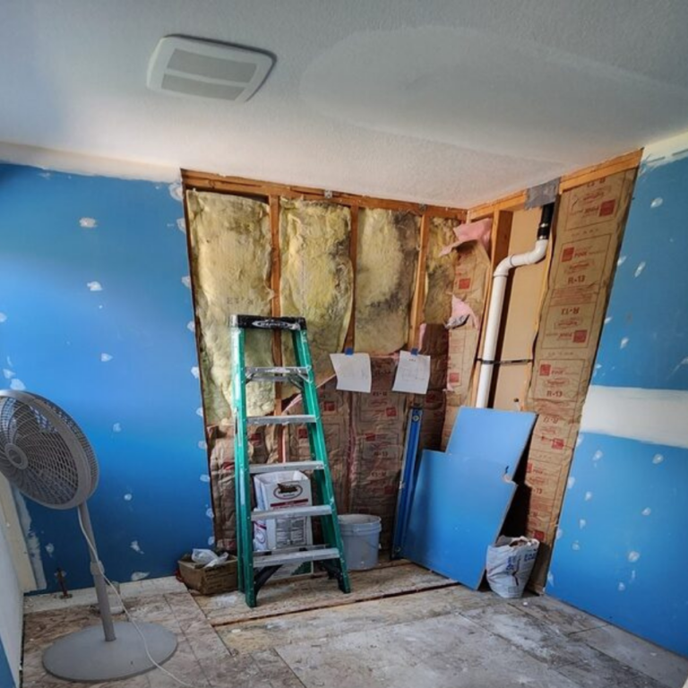 Bathroom stripped back to the studs during a remodel