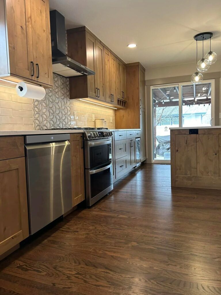 Remodeled knotty alder kitchen with stainless appliances, Windsor, Colorado